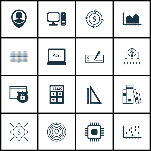 Set Of 16 Universal Editable Icons For Project Management, Education And Computer Hardware Topics. Includes Icons Such As Library, Digital Media, Security And More. - Vector, Image