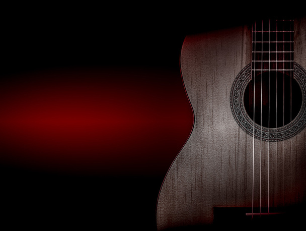 Deel van een oranje akoestische gitaar op zwarte achtergrond. - Foto, afbeelding