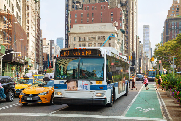 Yellow cab, a autobus w 5th Avenue w godzinach porannych - Zdjęcie, obraz