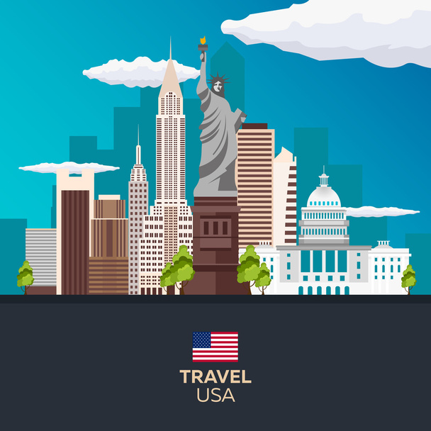 Travel to USA, New York Poster skyline. Statue of Liberty. Vector illustration. - Vetor, Imagem