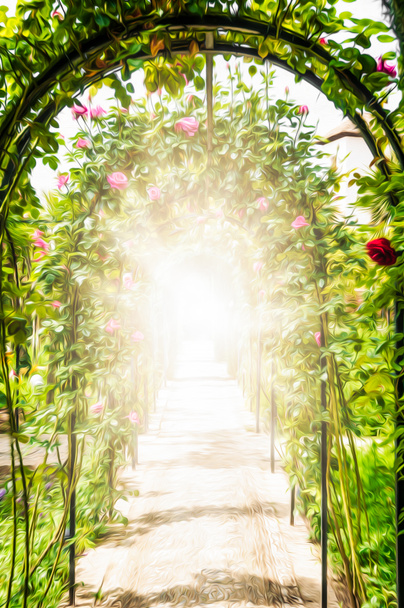 Giardino fiorito con archi decorati con rose
. - Foto, immagini