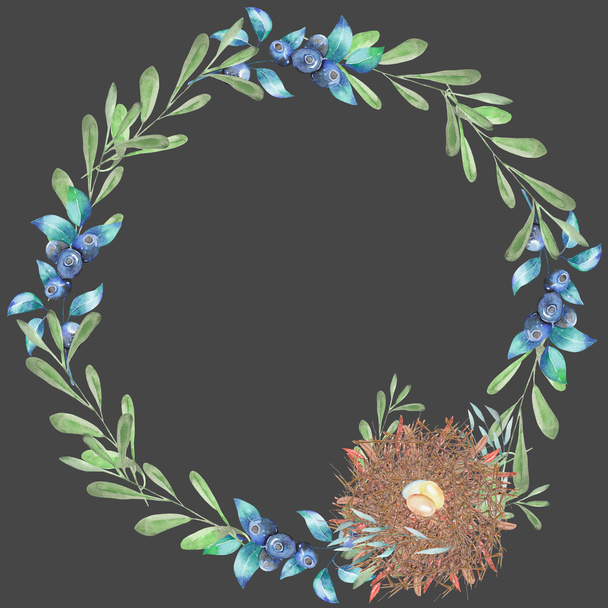 Circle frame, wreath with watercolor green branches, blueberries and bird nest, hand drawn on a dark background - Photo, Image