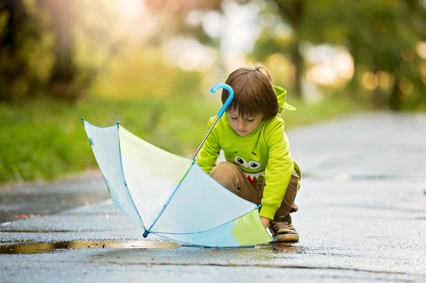 Adorable little boy with umbrella in a park on a rainy day, play - Foto, imagen