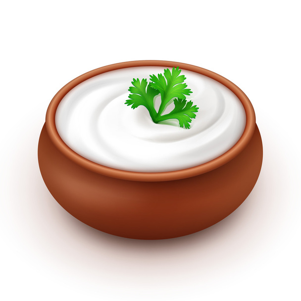 Pot zure roomsaus mayonaise met peterselie op de achtergrond - Vector, afbeelding