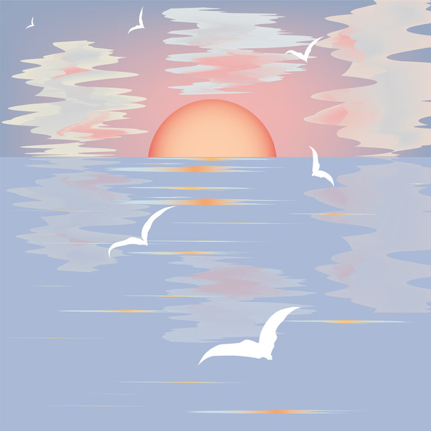 Paisaje marino con puesta de sol y gaviotas
 - Vector, imagen