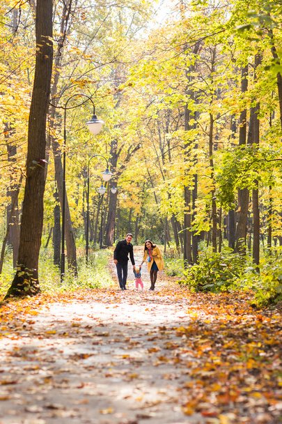 Spacery w lesie jesienią piękne rodziny. Zdrowy styl życia - Zdjęcie, obraz