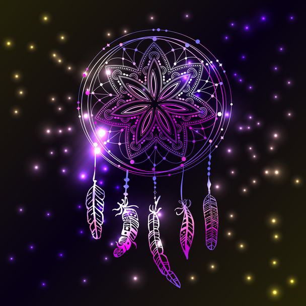 Abstract glowing dreamcatcher in blue and pink colors. Luminescence vector illustration. Boho style background, ethnic design element for flyers, tshirts, clothing, print web - Vector, imagen