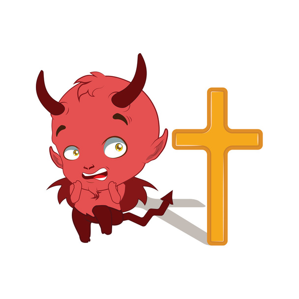 Little devil being afraid of a cross - Vector, Image