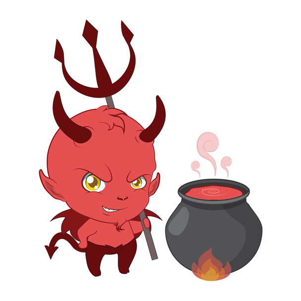 Little devil with pitchfork and cauldron - Vector, Image