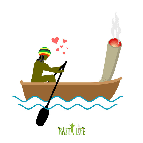 Rasta life. Rastaman and joint or spliff boating. Man and smokin - Vector, Image