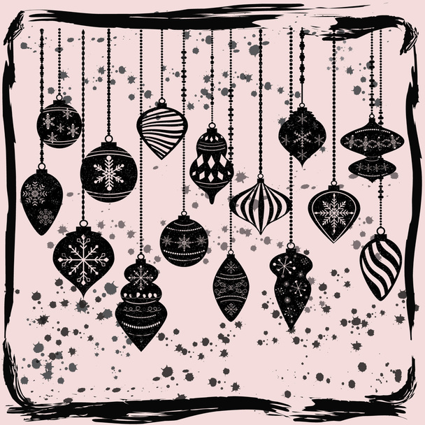Karácsonyi díszek, fekete karácsonyi labdák díszek, karácsonyi függő dekoráció készlet - Vektor, kép