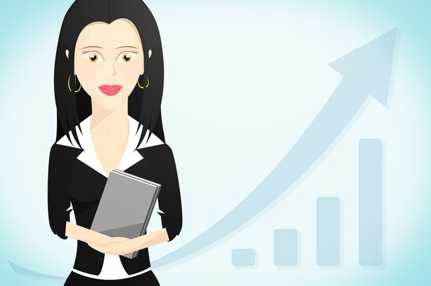 Business woman character formally dressed and holding a book. Business growth graph on sales background - Photo, Image