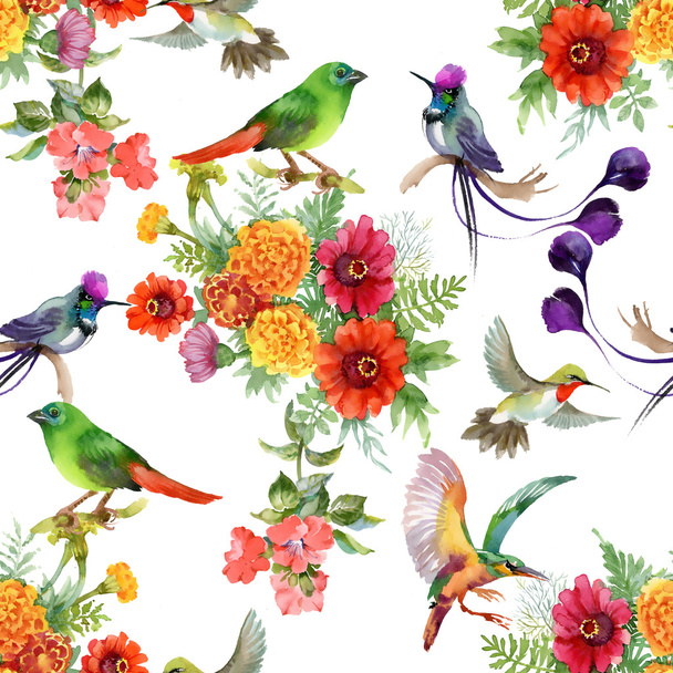 pattern with beautiful flowers and colorful birds - Fotografie, Obrázek