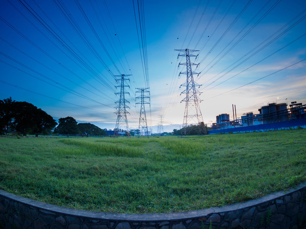 High voltage post or High voltage tower in green field at Butterworth, Penang, Malaysia - Photo, Image
