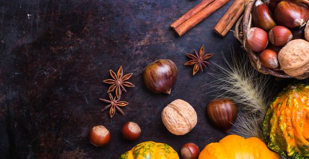 Autumn fall halloween still life composition with pumpkin nuts chestnut - Photo, Image