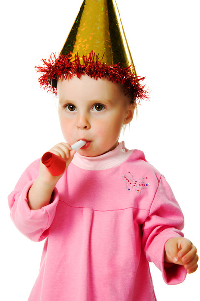 girl in pink dress and a hat on his birthday - Foto, Imagen