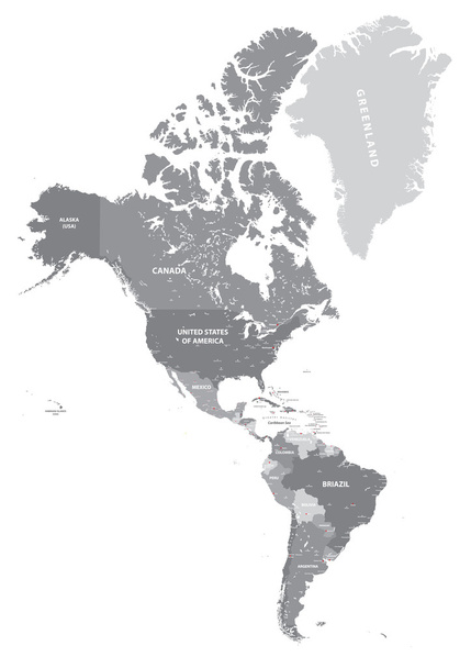 Noord- en Zuid-Amerika hoge politieke detailkaart in grijs schalen.  - Vector, afbeelding