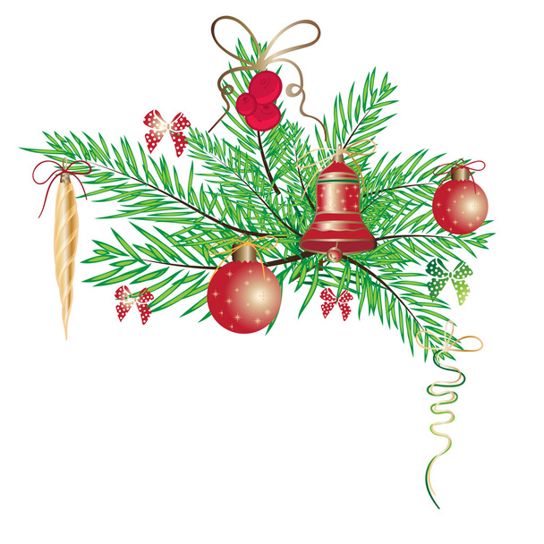 Vintage yılbaşı çelengi şube köknar ve beyaz arka plan üzerinde izole Noel topları ile - Vektör, Görsel