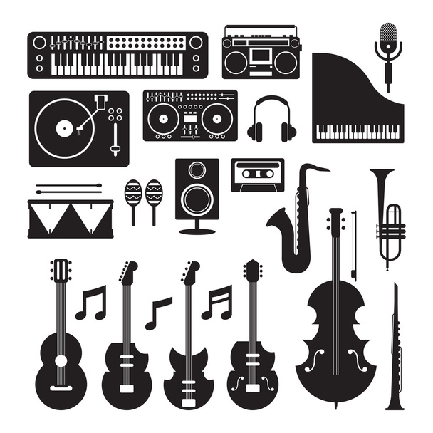 Conjunto de objetos de silueta de instrumentos de música
 - Vector, Imagen