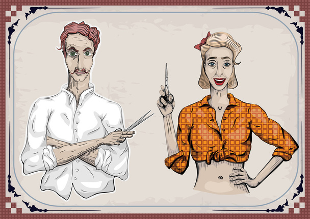 Muž mužský kadeřník holič coiffeur haircutter, samice žena gi - Vektor, obrázek