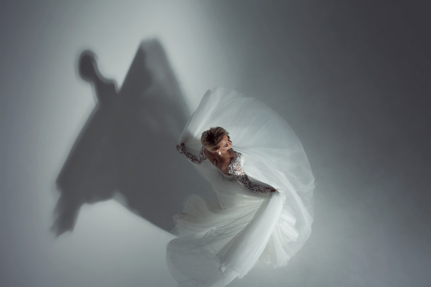 Beautiful attractive bride in wedding dress with long full skirt, white background, dance and smile, top view - 写真・画像