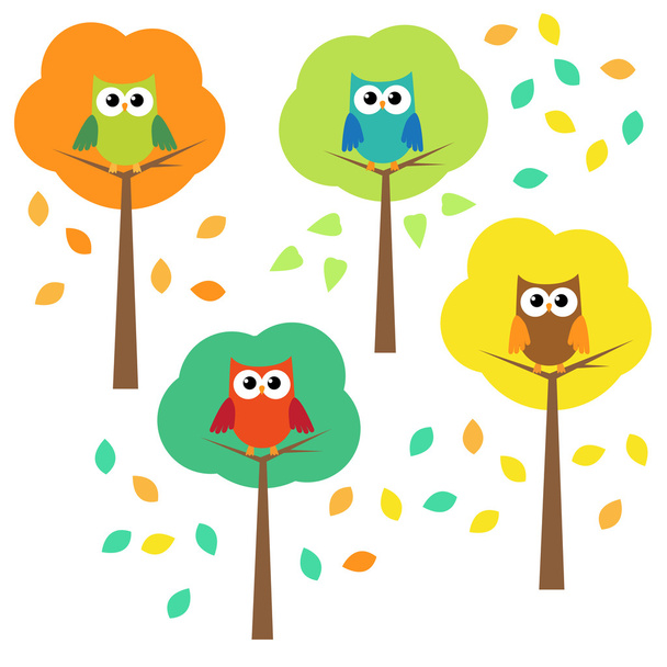 Autumn trees and owls - Vector, Imagen