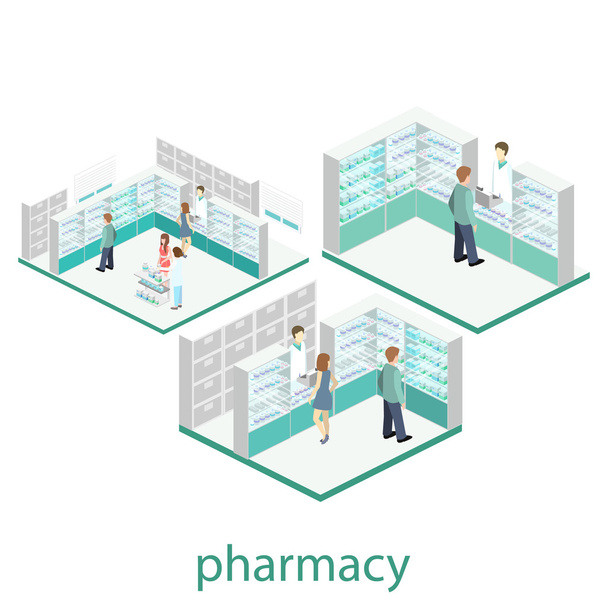 Isometric interiors of pharmacy - Διάνυσμα, εικόνα