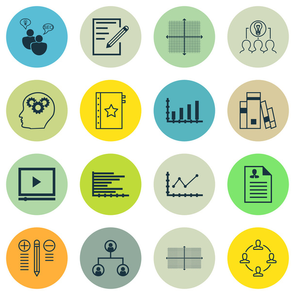 16 universell editierbare Symbole für Unternehmensführung, Statistik und Projektmanagement. beinhaltet Symbole wie Garantie, Lebenslauf, kollaborative Lösung und mehr. - Vektor, Bild