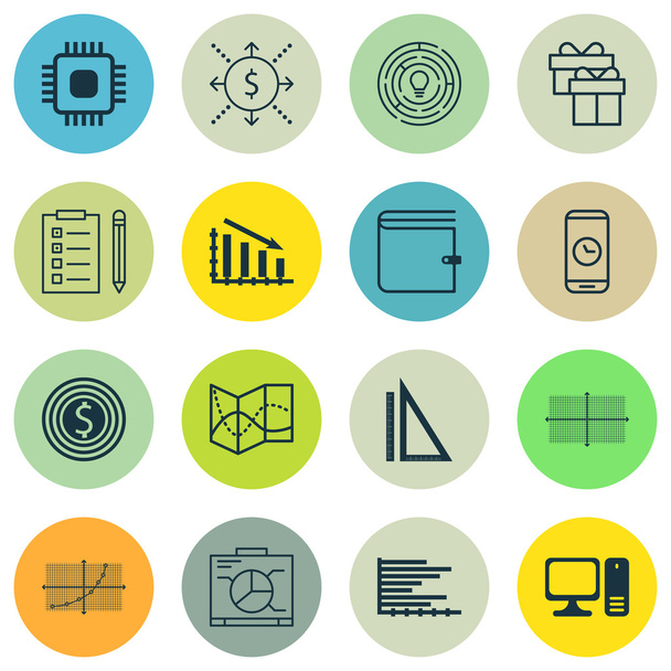 Set Of 16 Universal Editable Icons For Statistics, Airport And Computer Hardware Topics. Includes Icons Such As Fail Graph, Square Diagram, Reminder And More. - ベクター画像