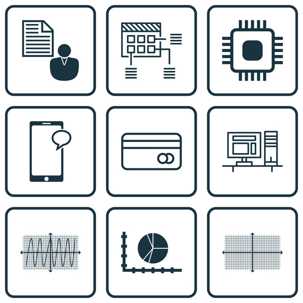 Набор из 9 универсальных редактируемых иконок для компьютерного оборудования, статистики и маркетинга. Includes Icons such as Chip, Square Diagram, Computer and more
. - Вектор,изображение