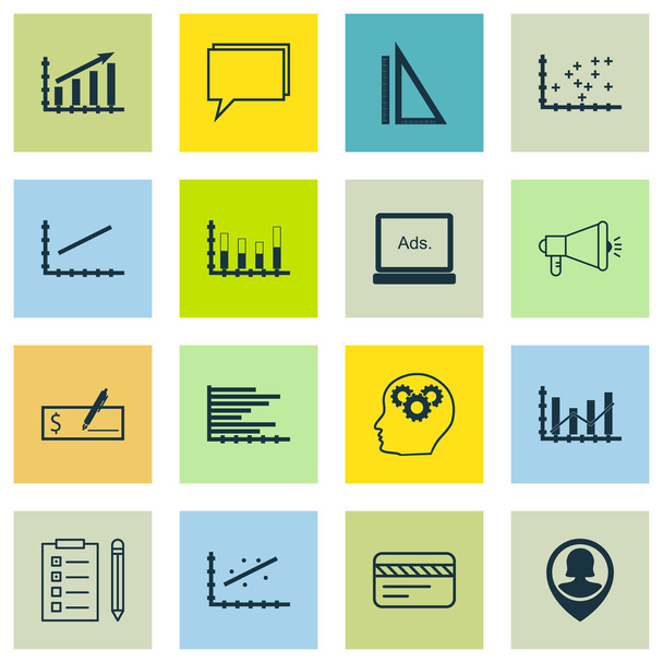 Set Of 16 Universal Editable Icons For SEO, Education And Advertising Topics. Includes Icons Such As Plot Diagram, Profit Graph, Raise Diagram And More. - Vector, Image
