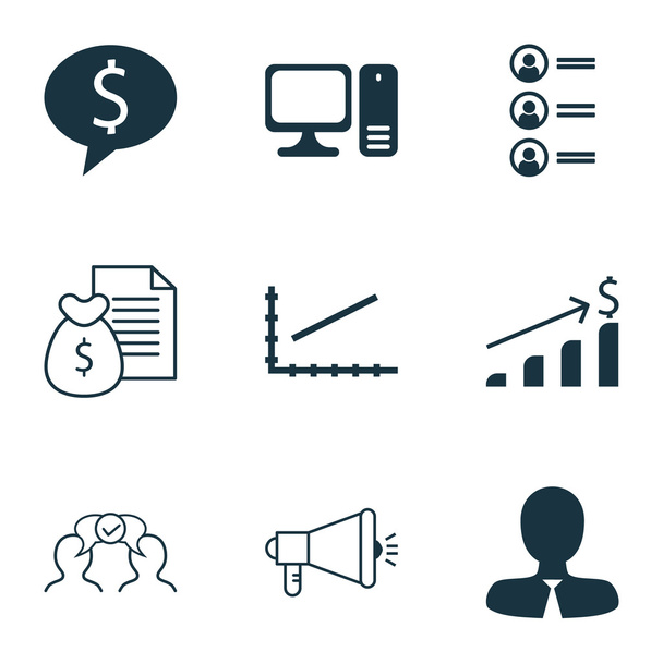 Ensemble de 9 icônes universelles modifiables pour les ressources humaines, la gestion de projet et la publicité. Comprend des icônes telles que le rapport, ordinateur de bureau, campagne médiatique et plus
. - Vecteur, image