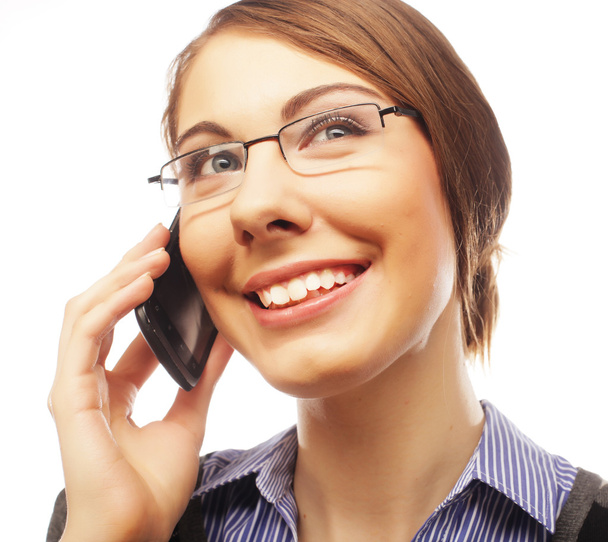 Portrait of smiling business woman phone talking - Fotó, kép