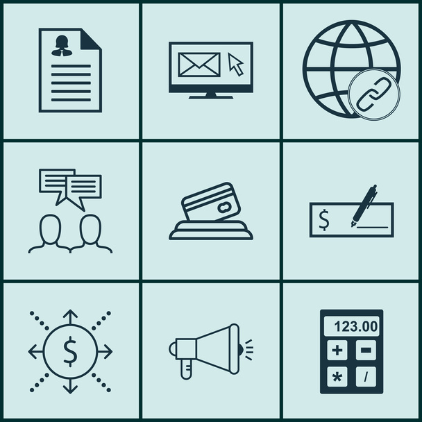 Conjunto de 9 iconos editables universales para temas de marketing, gestión de aeropuertos y proyectos. Incluye iconos tales como boletín de noticias, discusión, pago bancario y más
. - Vector, Imagen