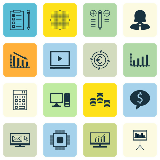 Set Of 16 Universal Editable Icons For Statistics, Marketing And Project Management Topics. Includes Icons Such As Video Player, Decision Making, Graphical Grid And More. - Vecteur, image