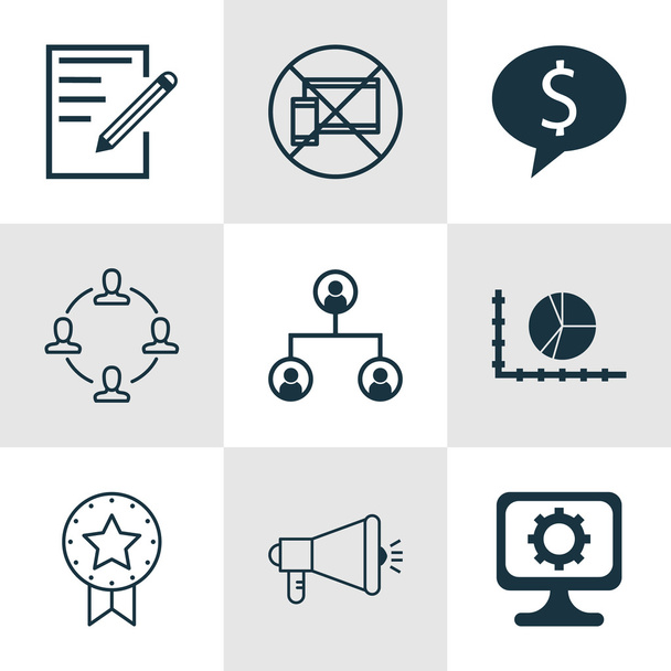 Készlet 9 univerzális szerkeszthető ikonok a humán erőforrások, a reklám és a projekt menedzsment témák. Magában foglalja a ikonok, mint a Pc, mobil és üzletet tilos. - Vektor, kép