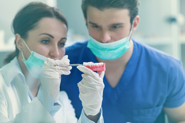 Dental students while working on the denture - Фото, зображення