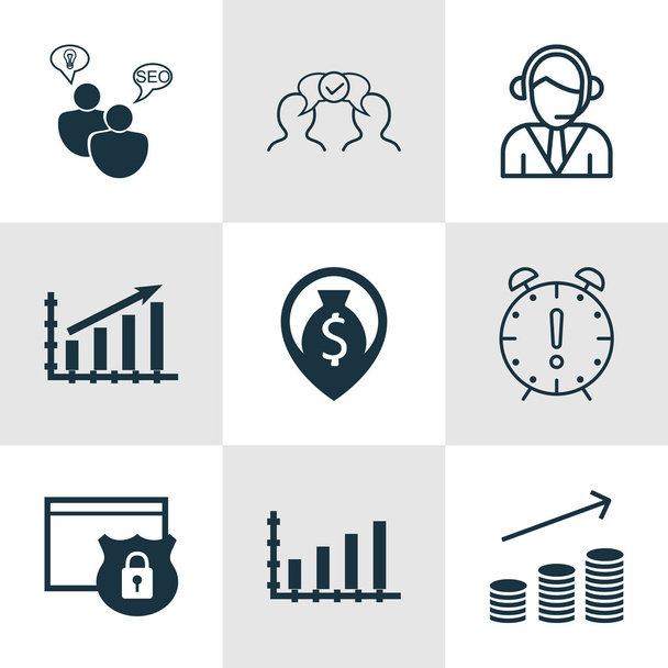 Set Of 9 Universal Editable Icons For Statistics, Marketing And Project Management Topics. Includes Icons Such As SEO Brainstorm, Operator, Dynamics And More. - Vettoriali, immagini