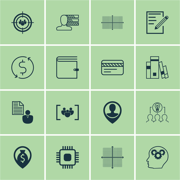 Set Of 16 Universal Editable Icons For Computer Hardware, Business Management And Project Management Topics. Includes Icons Such As Focus Group, Brain Process, Library And More. - Vector, Image