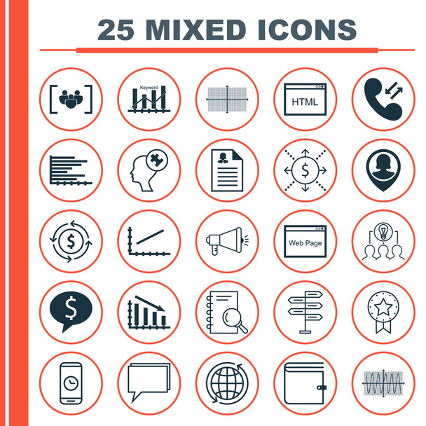Conjunto de 25 iconos editables universales para la gestión de proyectos, estadísticas y temas SEO. Incluye iconos tales como codificación, mundo, mente humana y más
. - Vector, imagen