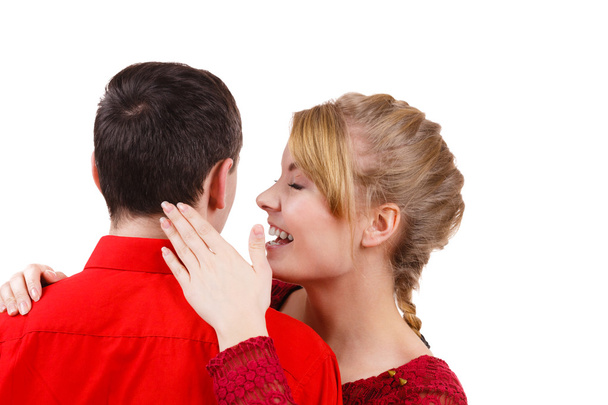 Woman telling man some secrets, couple talking  - Фото, зображення