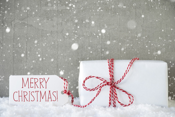 Gift, Cement Background With Snowflakes, Text Merry Christmas - Foto, immagini