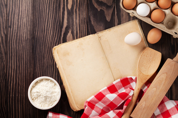 blank recipe book with utensils and ingredients - 写真・画像