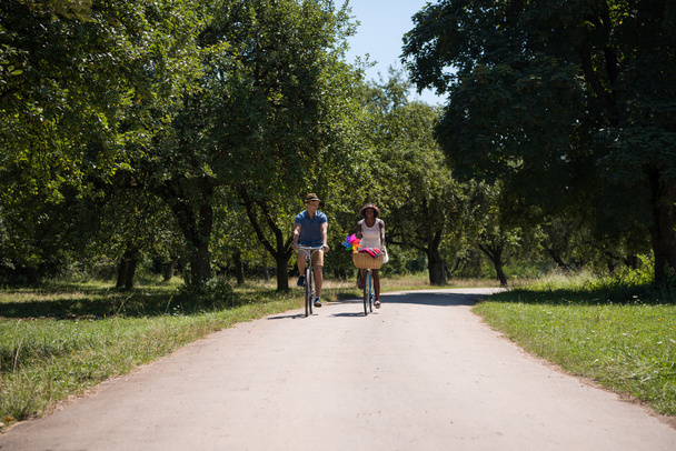 Young multiethnic couple having a bike ride in nature - Fotoğraf, Görsel