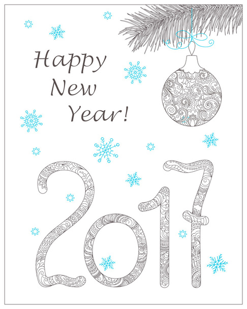 Christmas card with hand drawn decorated 2017 and ball - Vector, Image