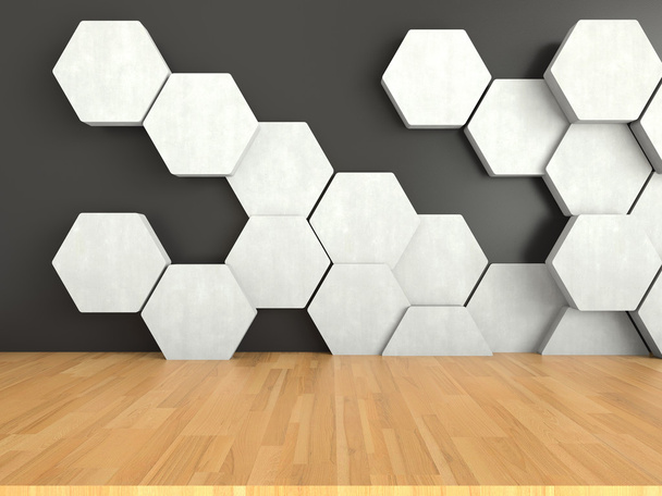 木質系床の暗い壁の背景、3 d レンダリングに白い六角形パターン - 写真・画像