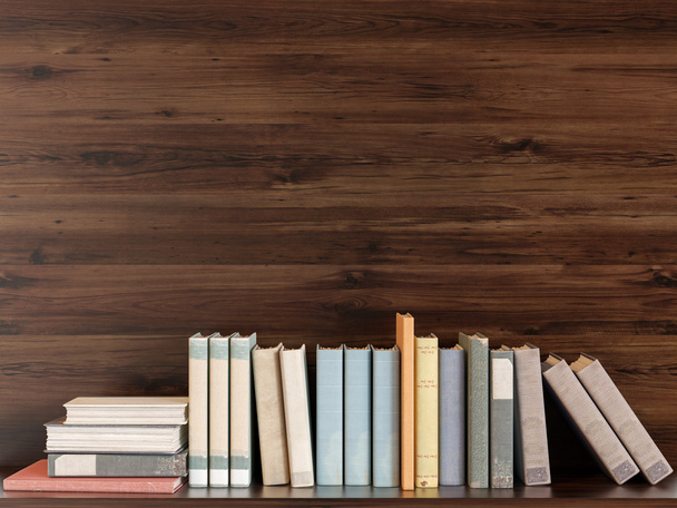 Old books on a wooden shelf. 3D illustration - Φωτογραφία, εικόνα