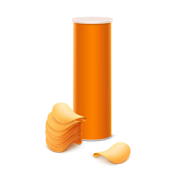 Ambalaj tasarımı ile yığın, patates gevrek cipsi yakın beyaz arka plan üzerinde için vektör turuncu teneke kutu konteyner tüp - Vektör, Görsel