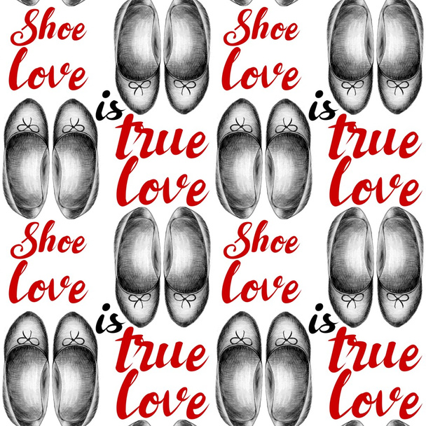 "L'amour de la chaussure est le véritable amour "avec des chaussures plates dessinées au crayon motif sans couture. Graphisme noir et rouge
. - Photo, image