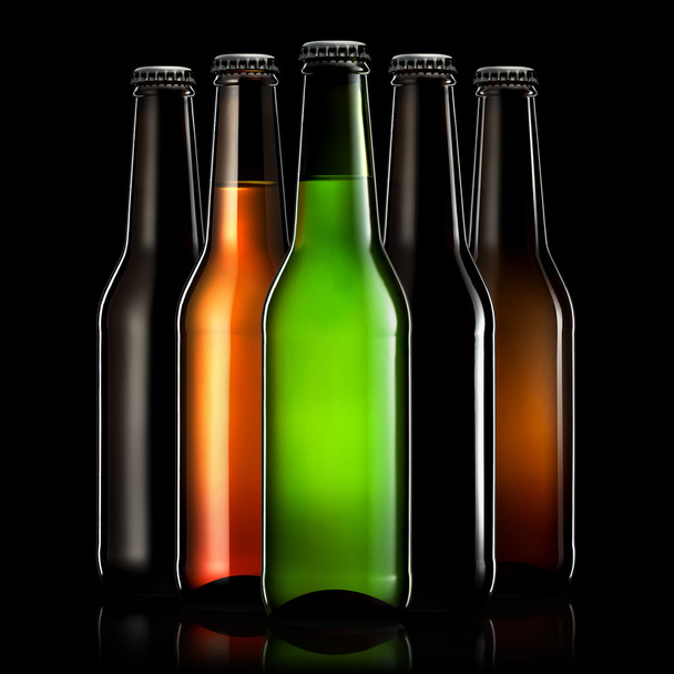 Set of beer bottles isolated on black background - Fotó, kép